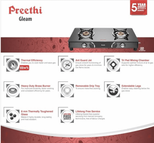 Preethi Blu Flame Gleam Glass Top 2-Burner Manual Gas Stove (Black) (ISI Certified), GTS102 - Image 2
